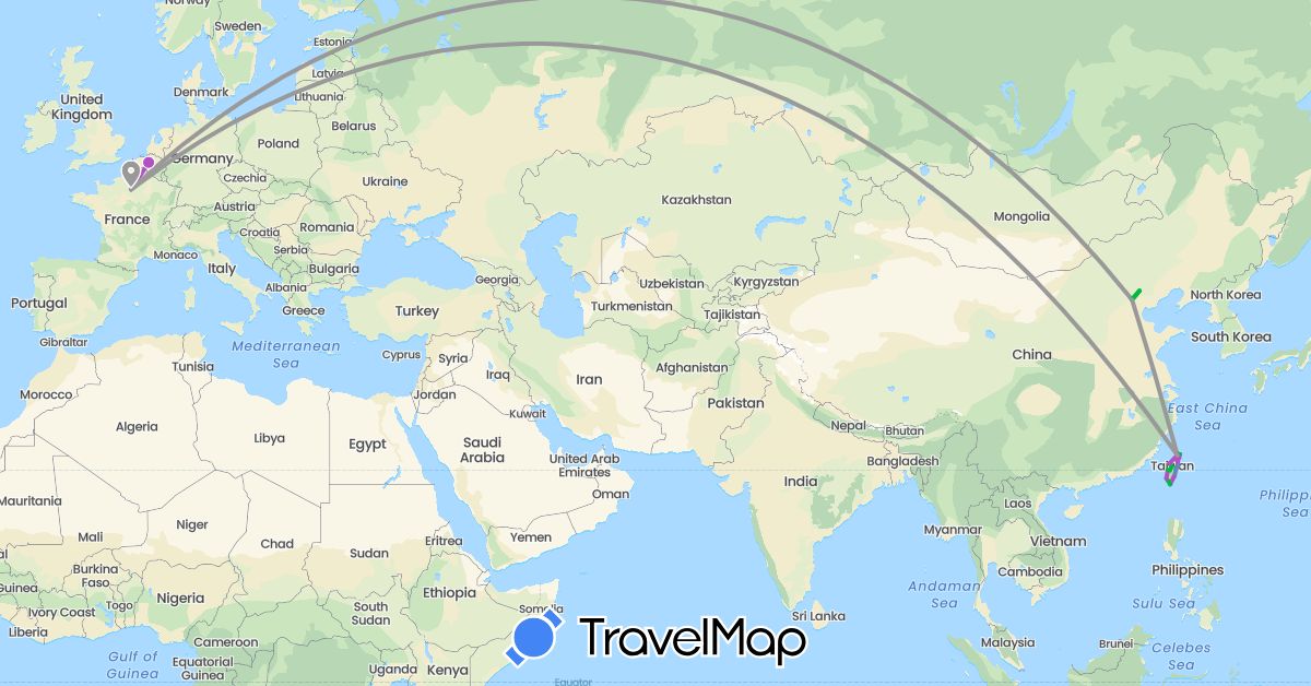 TravelMap itinerary: driving, bus, plane, cycling, train, hiking in Belgium, China, France, Taiwan (Asia, Europe)